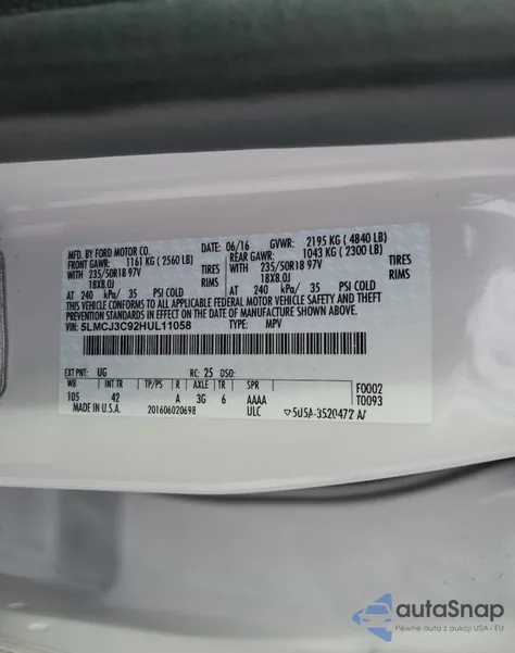 2017 Lincoln Mkc Reserve из США, поврежденный, VIN 5LMCJ3C92HUL11058